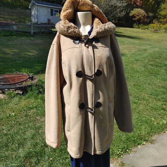 Nautica Mid Length Coat Tan Zip Toggle Closure Faux Shearling Hooded Pockets - Picture 2 of 12